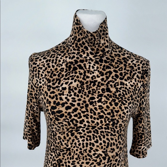 Enza Costa || Leopard-Print Stretch Jersey Turtleneck Mini Dress Tan XS - Picture 5 of 8